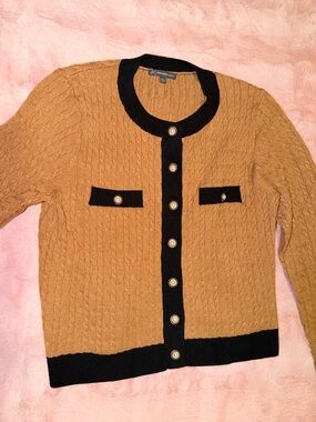 Adrianna Papell Camel Cardigan with Black Trim and Decorative Buttons